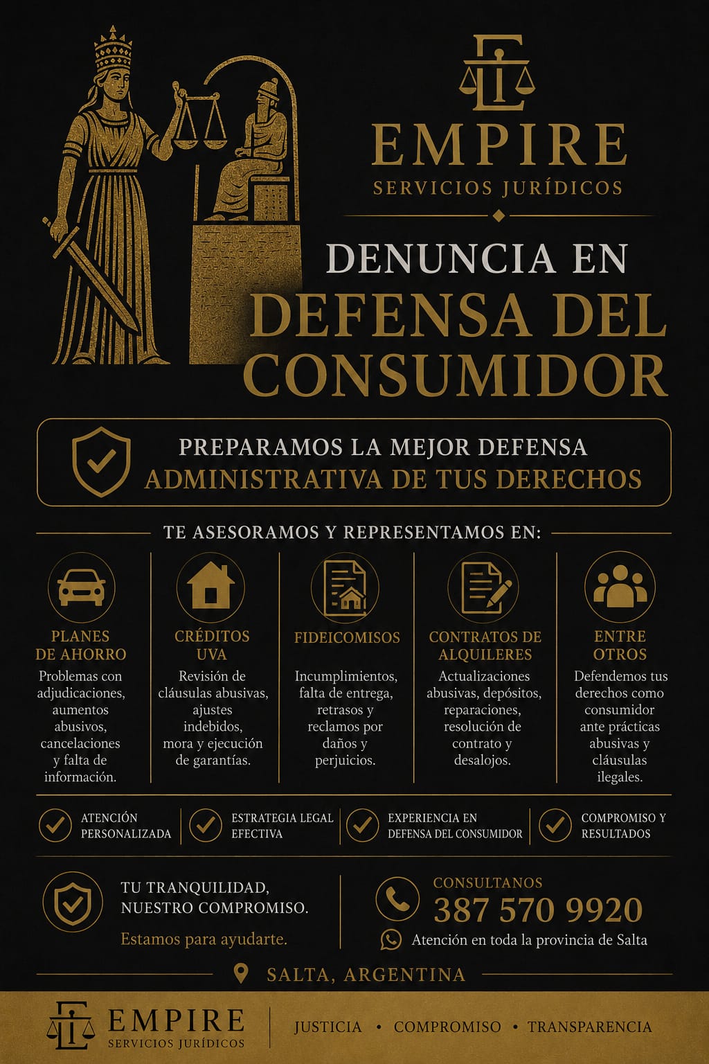 Flyer de defensa del consumidor de EMPIRE Servicios Jurídicos