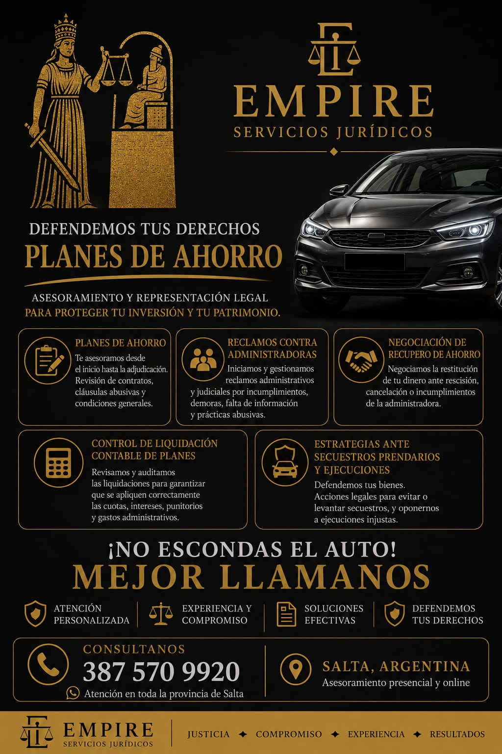 Flyer de planes de ahorro de EMPIRE Servicios Jurídicos