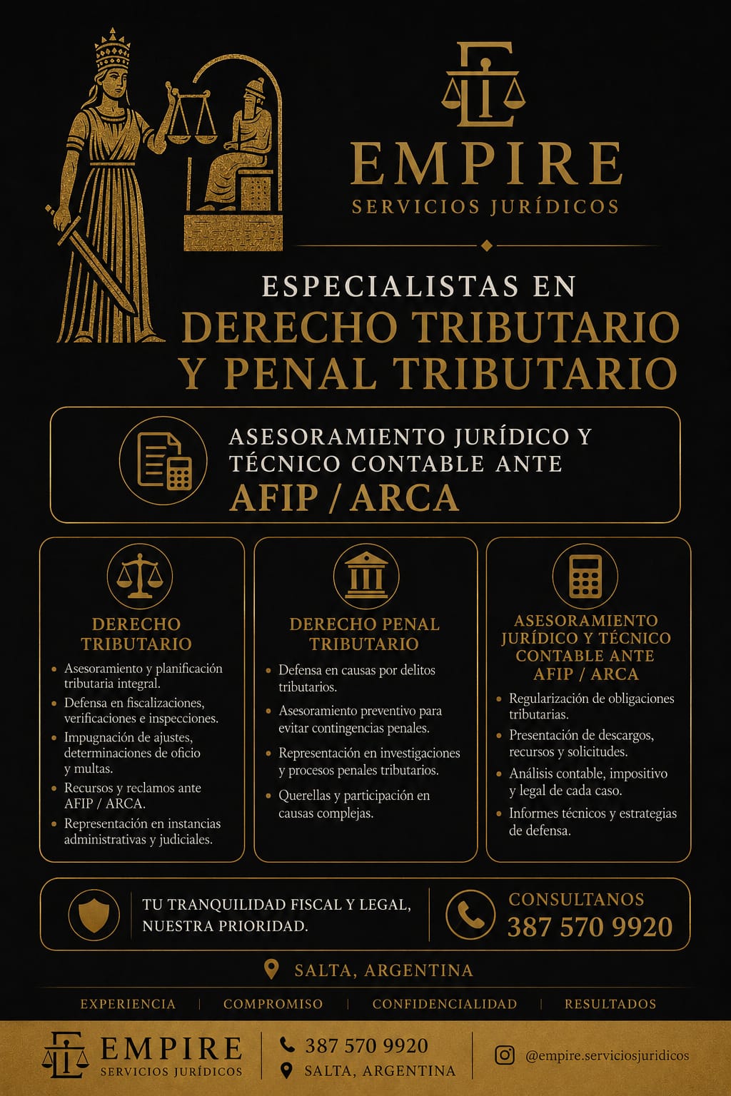 Flyer de derecho tributario de EMPIRE Servicios Jurídicos